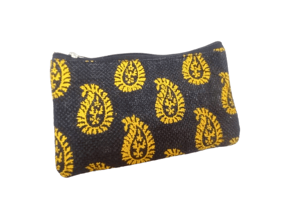 Black and Yellow Paisley Print Small Zippered Coin Purse Wallet