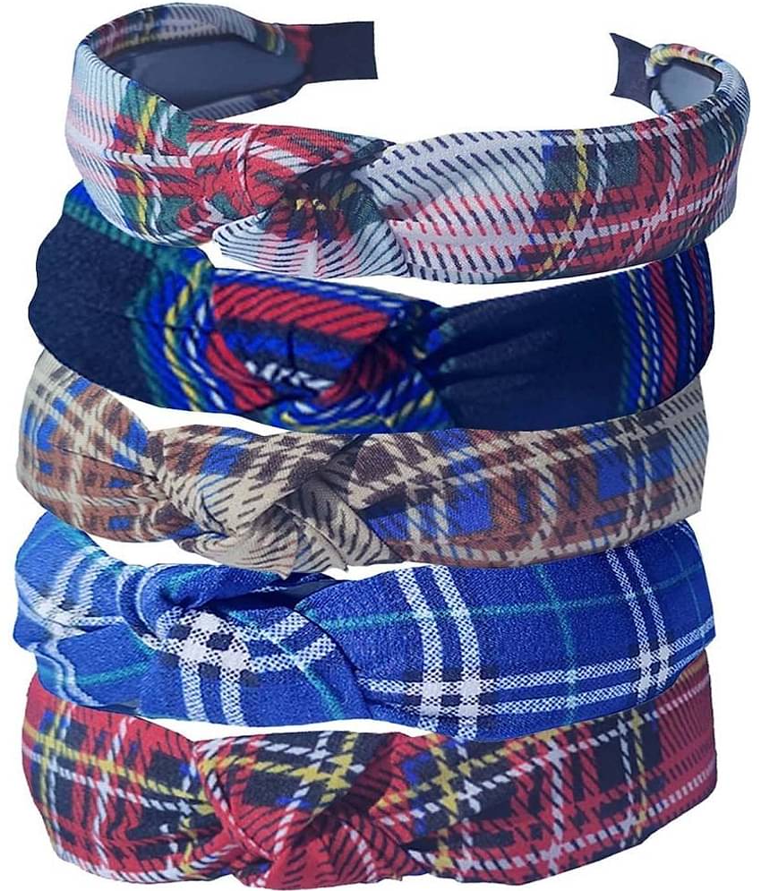 FOK 5 Pieces Non Slip Fabric Checked Design Knot Wide Elastic Headbands for Women & Girls