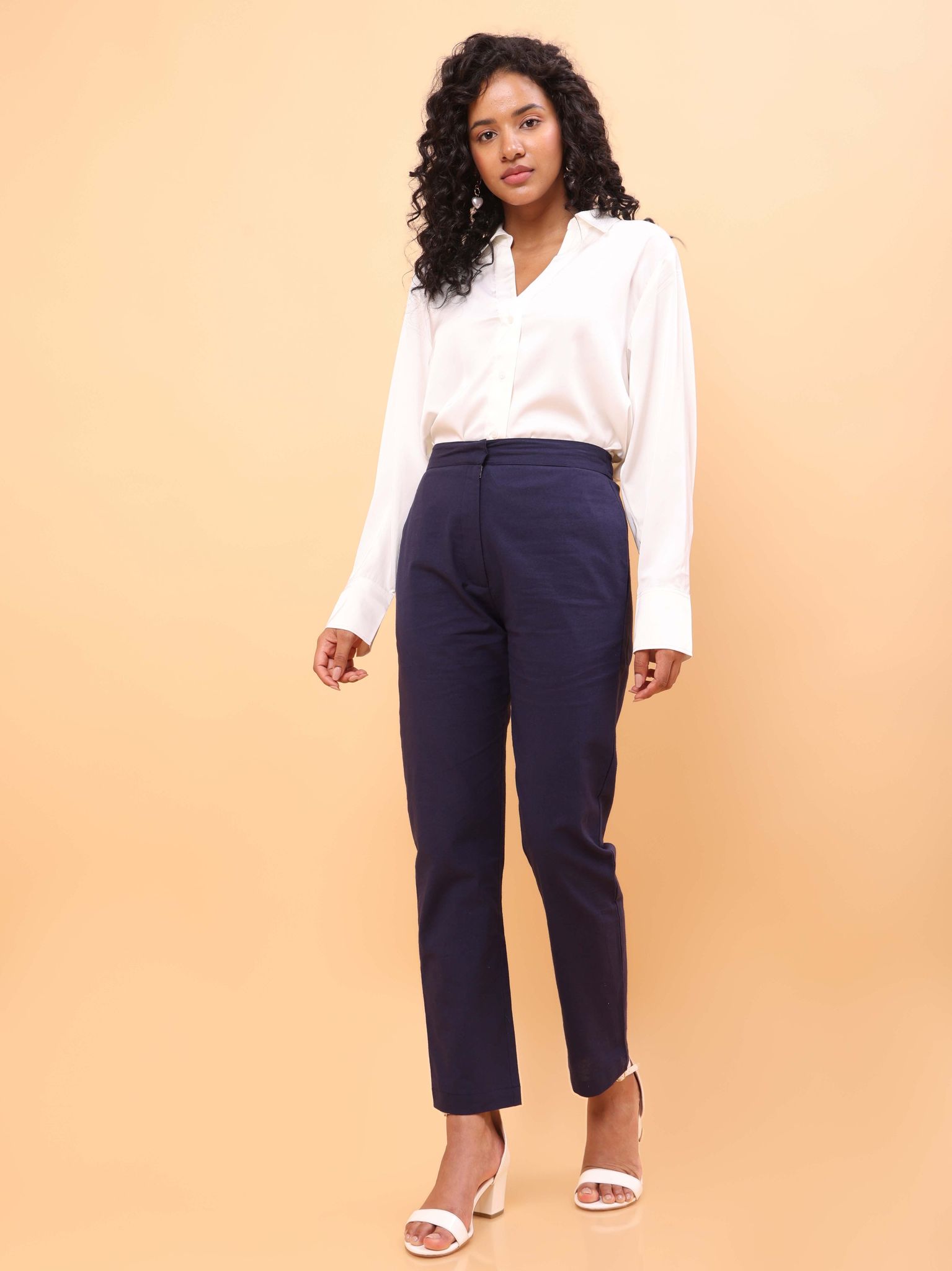 Navy Blue Straight Cotton Pants-XS