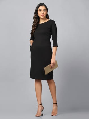 Stretch Knit Shift Dress- Black-S
