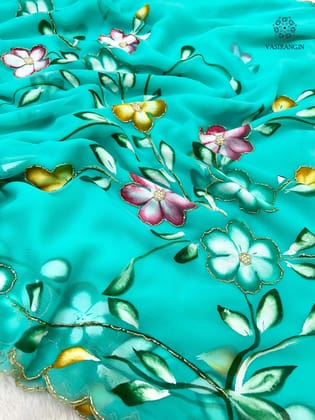 New Wedding Wear Soft Chiffon Handbrush Print n Handwork Fancy Designer Saree With Blouse-Sea Green