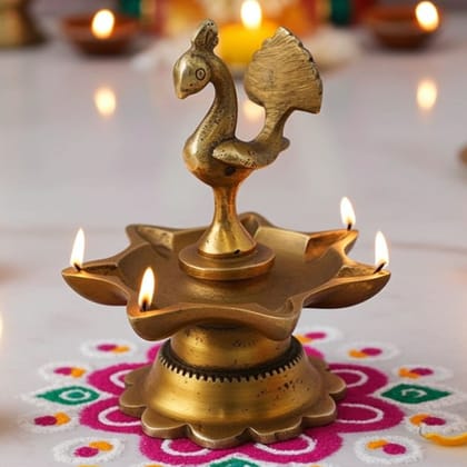 Brass Peacock Diya Jyoti Deepak Oil Lamp 7 Wicks  - Large Brass Oil Lamp for Aarti & Temple, Height : 3.5 Inch (BSMAS1165 A)