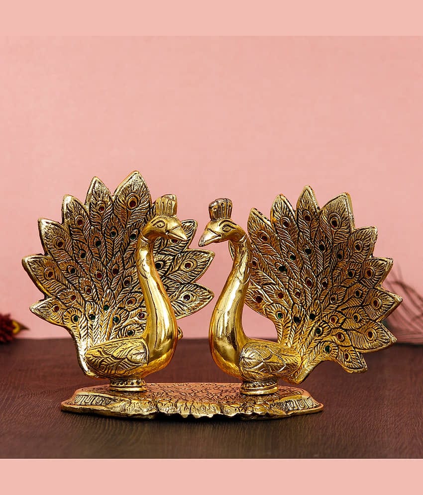 eCraftIndia Gold-Toned Loving Swan With Feather Couple Decorative Metal Figurine Showpiece