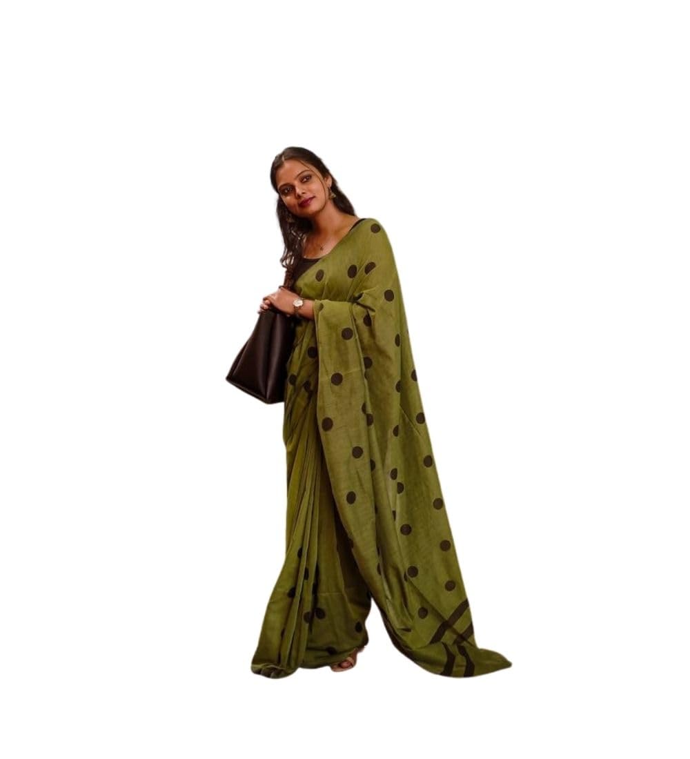 DARSHANS Women's Linen Printed Saree With Unstitched Blouse 5.5Mtr (Green)-PID65161