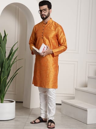 Men's Silk Blend Orange Printed Kurta and White Churidar Pyjama Set-36
