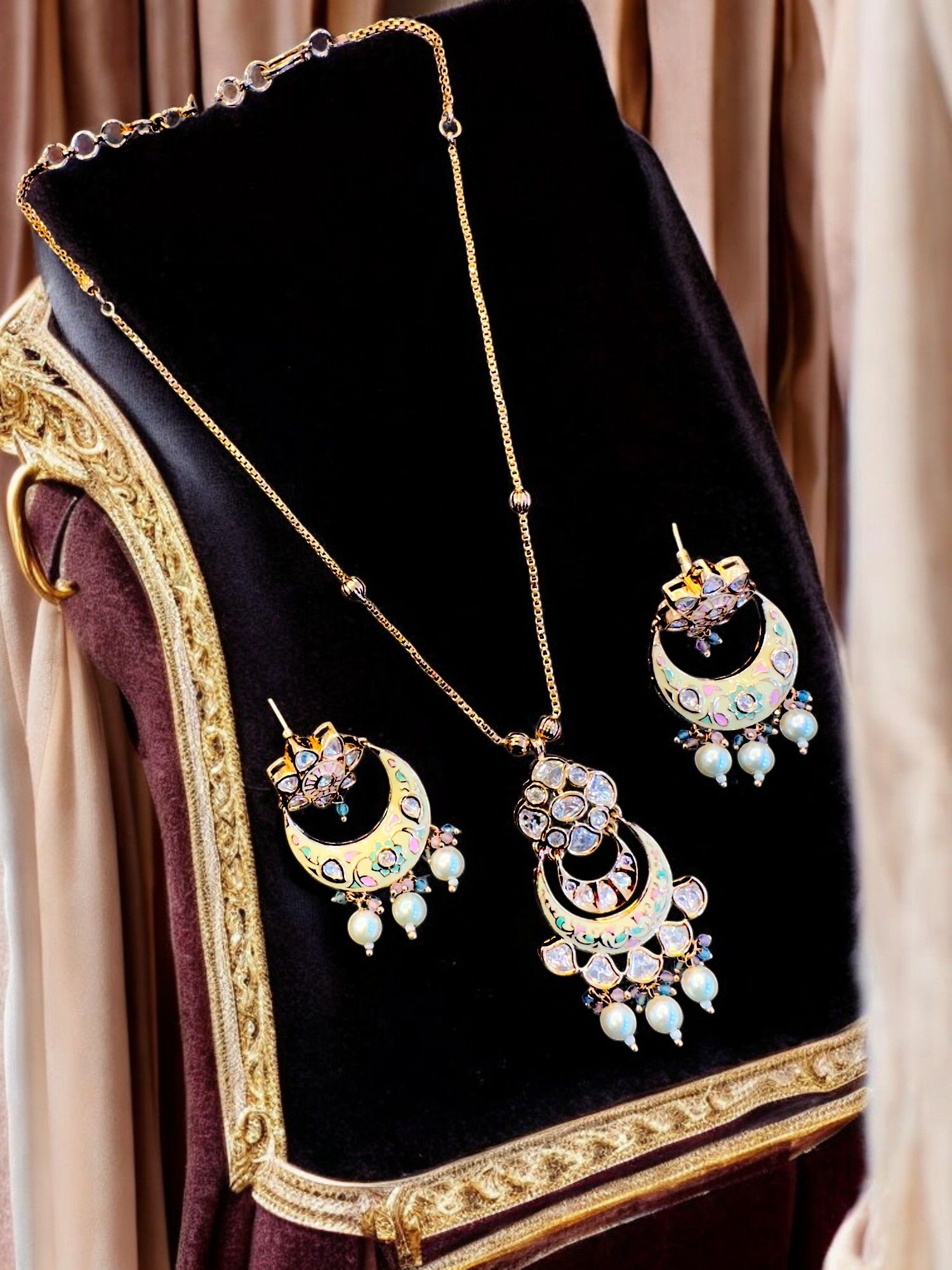 Handcrafted Kundan Meenakari Pearl Set By Dia Art Jewels