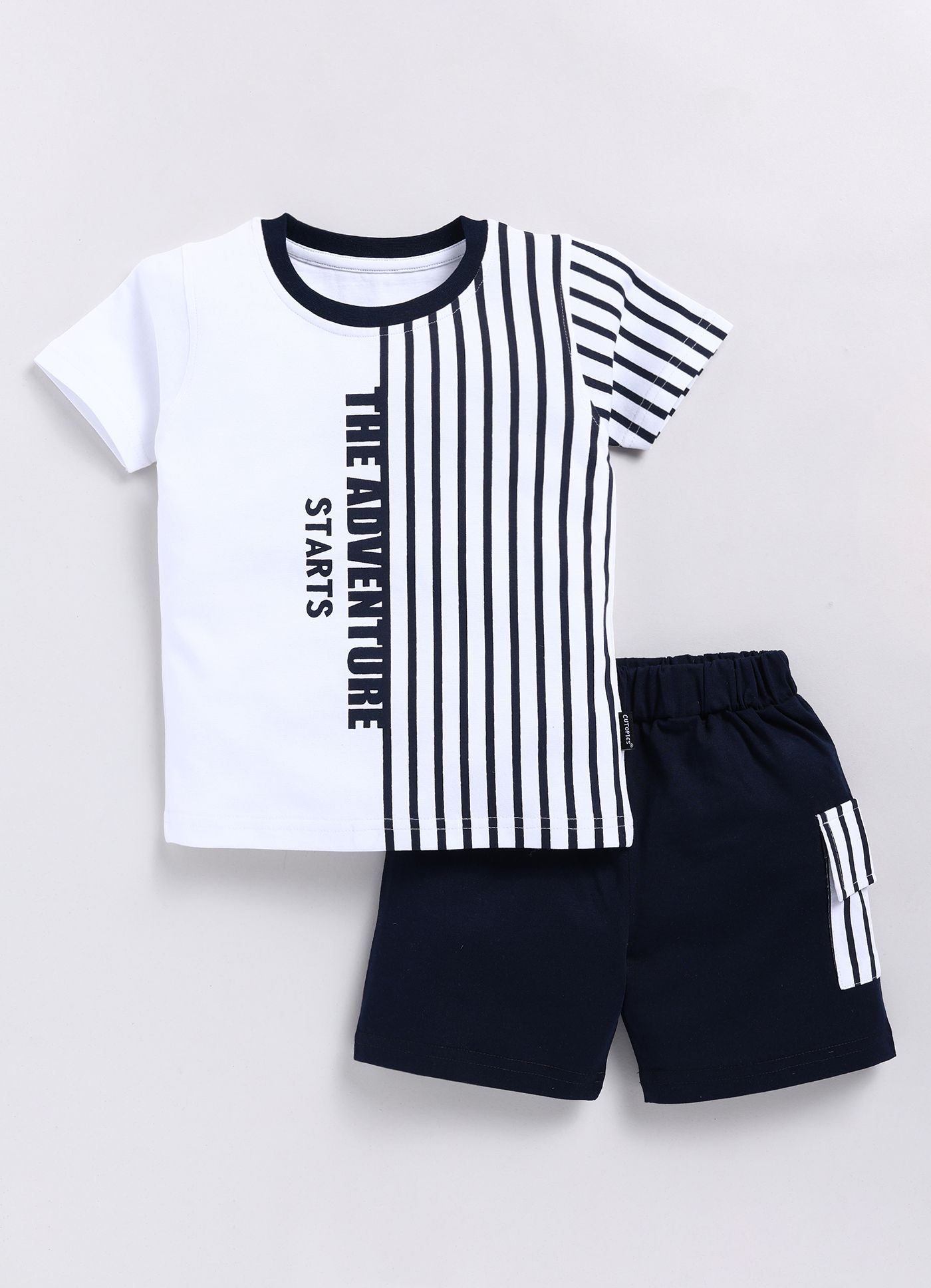Luxurious Men The Adventure Starts - White and Blue Striped T-shirt and Shorts Set for Boys 2025
