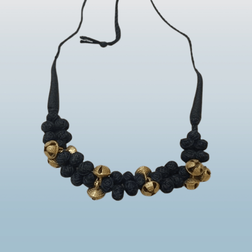 Black cotton thread necklace with antique golden beads