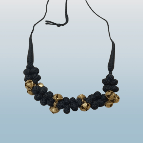  Black cotton thread necklace with antique golden beads