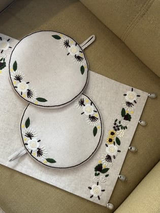 KRI India Bloom Sunflower Embroidered Trivets set|Set of 2| Beige | Beige  |8 inches| Wash & Care | 100% Cotton | Handcrafted in India. 100% organic & natural.