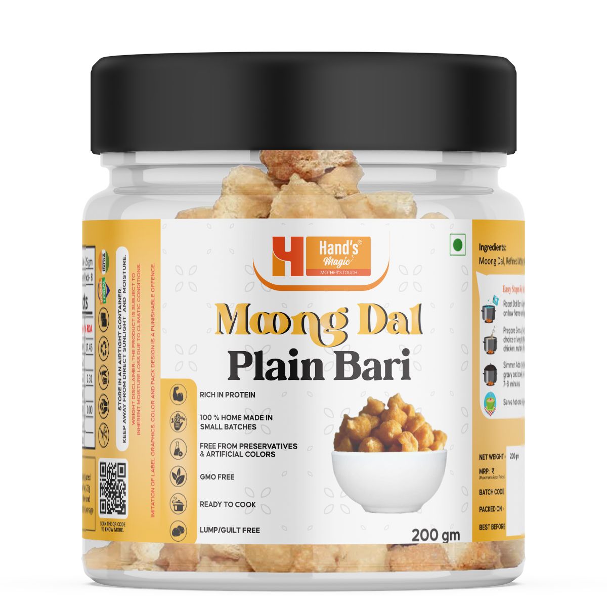 Hand’s Magic Moong Dal Plain Bari | High Protein | Ready to Cook | 100% Homemade | No Preservatives | Natural & Healthy | 200g