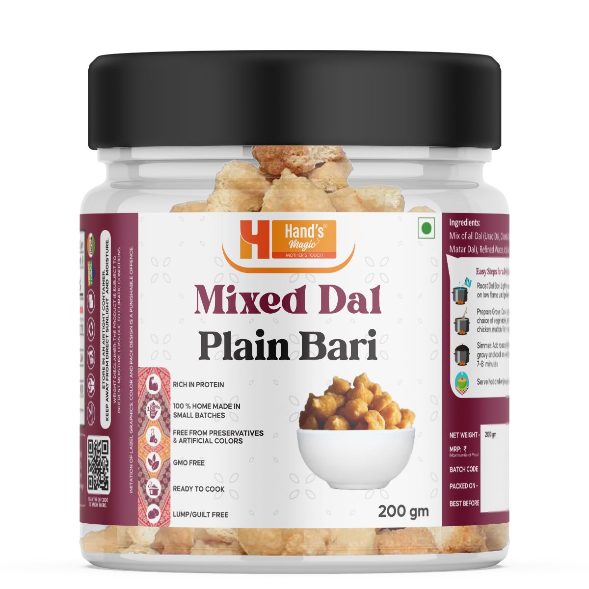 Hand’s Magic Mixed Dal Plain Bari | High Protein | Blend of Urad, Chana, Moong, Masoor & Matar Dal | Ready to Cook | 100% Homemade | No Preservatives | 200g
