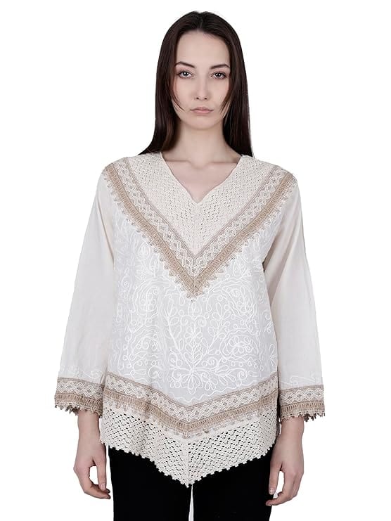 Hand Embroidered Bige Top/Full Sleeves Cotton Tunic/Summer Short Ethnic Chikan Kurti/Boho Short Ethnic Dress for Women