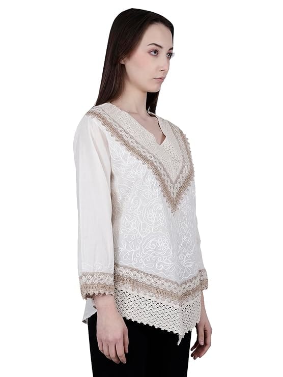 Hand Embroidered Bige Top/Full Sleeves Cotton Tunic/Summer Short Ethnic Chikan Kurti/Boho Short Ethnic Dress for Women