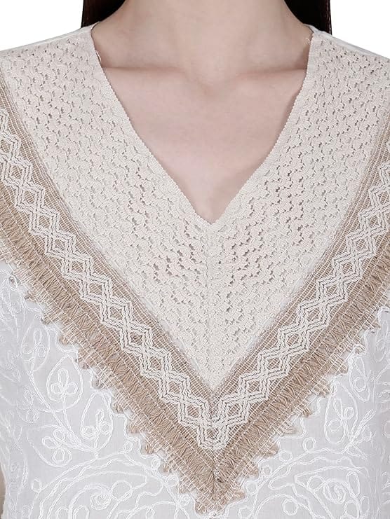 Hand Embroidered Bige Top/Full Sleeves Cotton Tunic/Summer Short Ethnic Chikan Kurti/Boho Short Ethnic Dress for Women