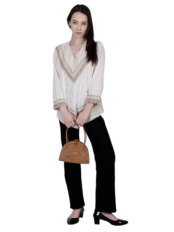 Hand Embroidered Bige Top/Full Sleeves Cotton Tunic/Summer Short Ethnic Chikan Kurti/Boho Short Ethnic Dress for Women