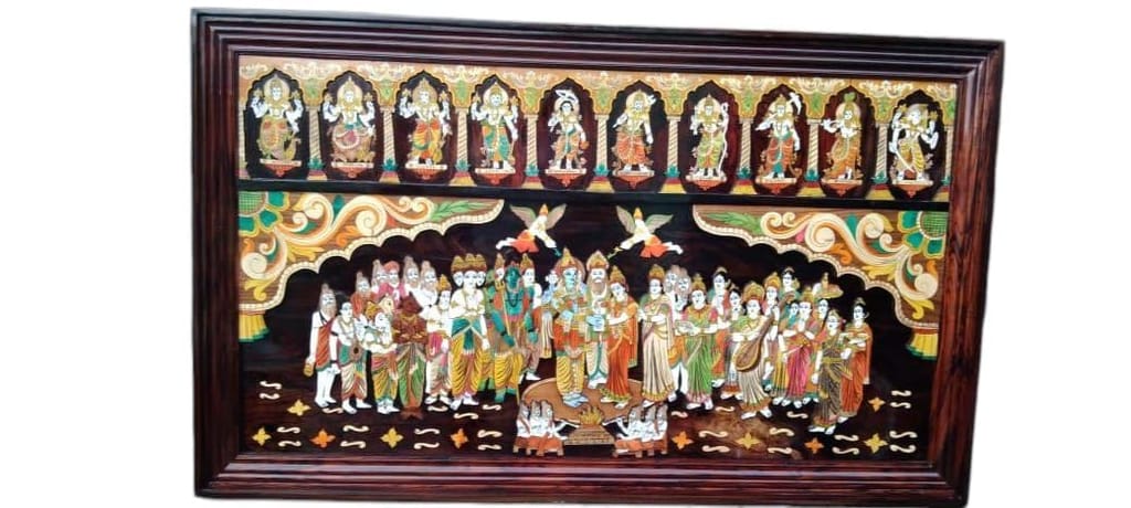 Lord Vishnu with family and devotee's wooden painting