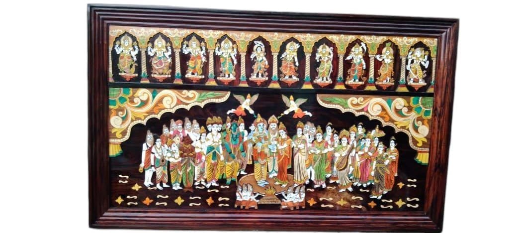 Lord Vishnu with family and devotee's wooden painting