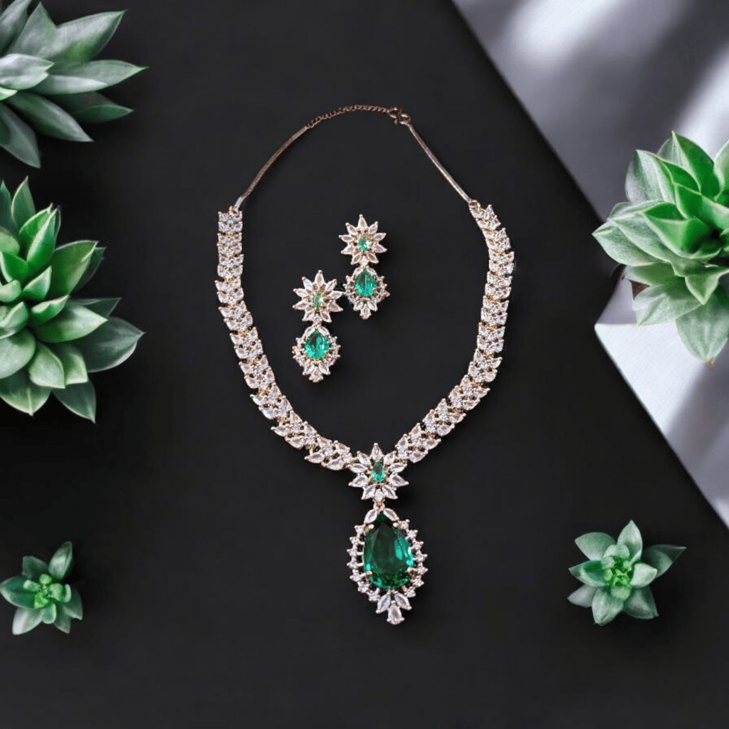 Ellnora's "Stunning Emerald and Diamond Necklace and Earring Set" for party wear and all occasions