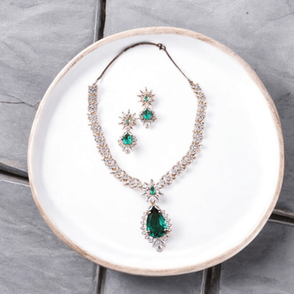 Ellnora's  "Stunning Emerald and Diamond Necklace and Earring Set" for party wear and all occasions