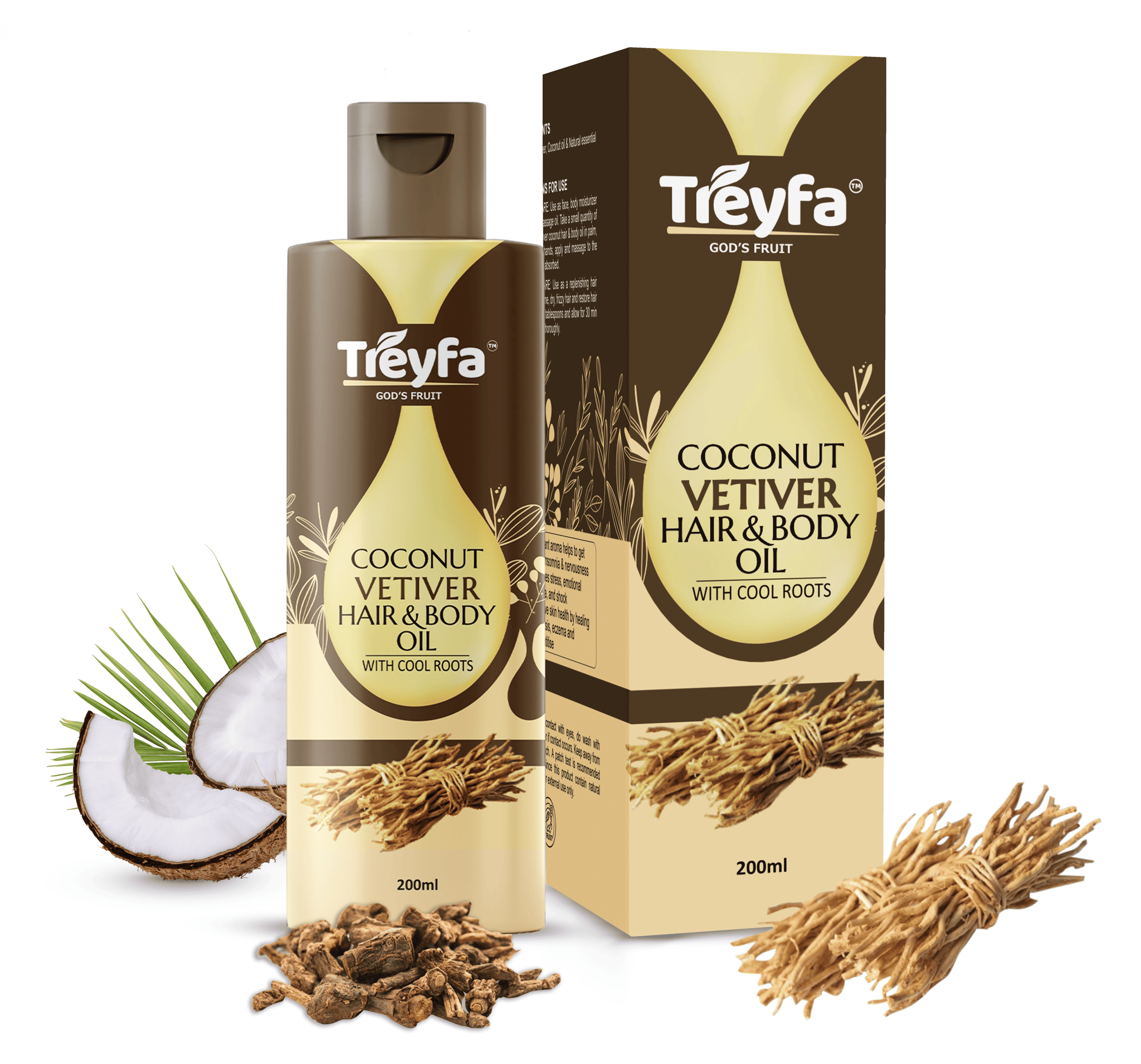 Treyfa Virgin coconut Vetiver Hair, body & face oil for Haircare, skincare, skin lightening, stretch mark removal, body toning & stress relief(200 ml)