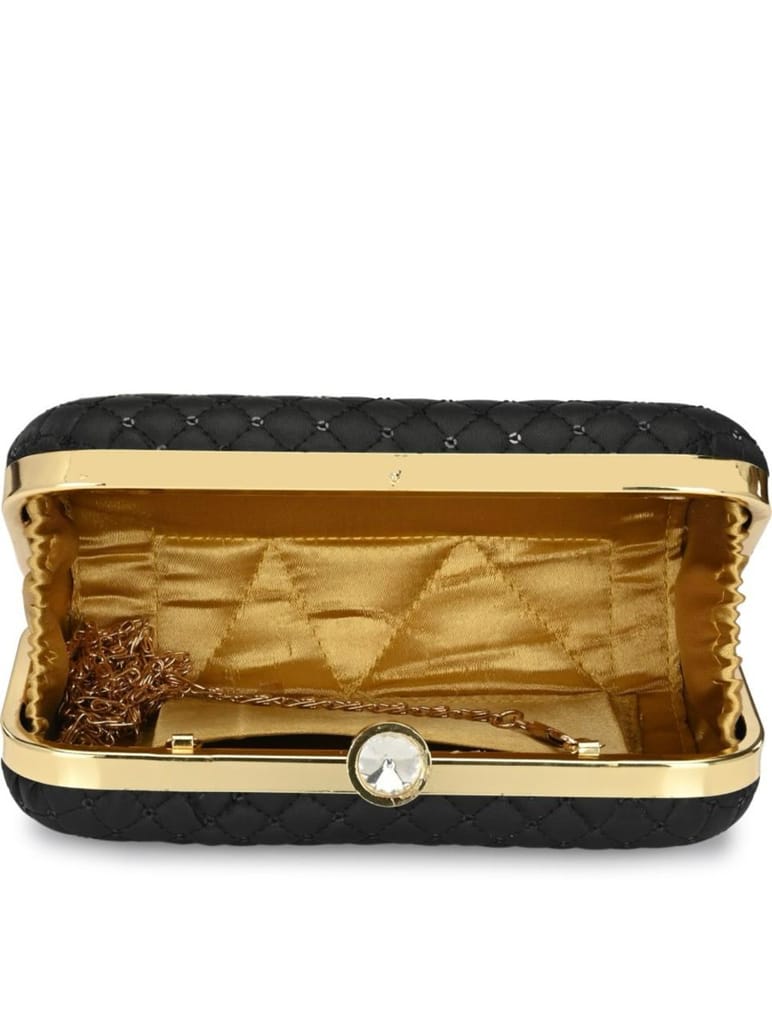 Elegant Black Clutch Purse - Quilted Evening Bag with Gold Frame & Crystal Clasp