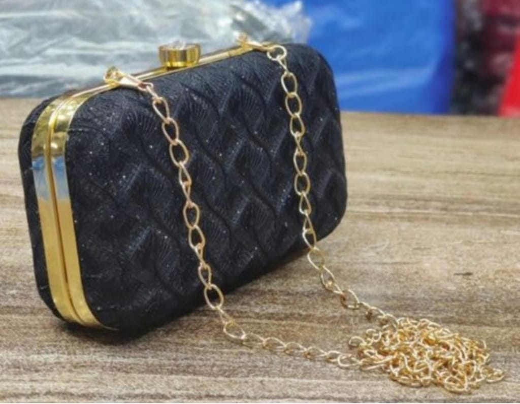 Elegant Black Clutch Purse - Quilted Evening Bag with Gold Frame & Crystal Clasp