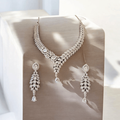  Stunning American Diamond Necklace Set in White Gold Plated 925 Sterling Silver with Earrings for Women