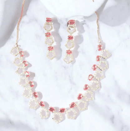 Ellnora's Stunning Pink Cubic Zirconia and American Diamond Necklace Set in Gold Plated Alloy