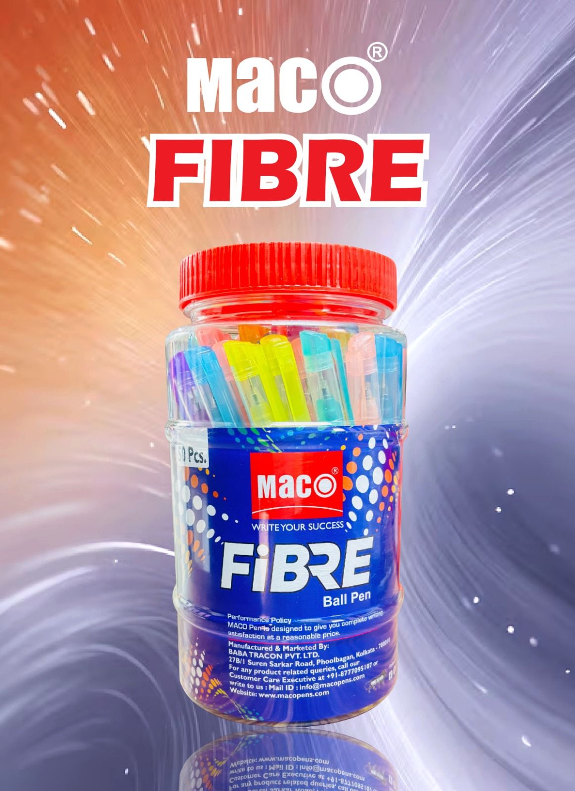 Maco Fibre Jar of 50|Pens with comfortable Grip for smooth writing| Cool and elegant 5 Colors Ball Pen (Pack of 50, Ink Color - Blue)
