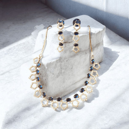 Gold and Blue Diamond Cut Charming Necklace Set for girls