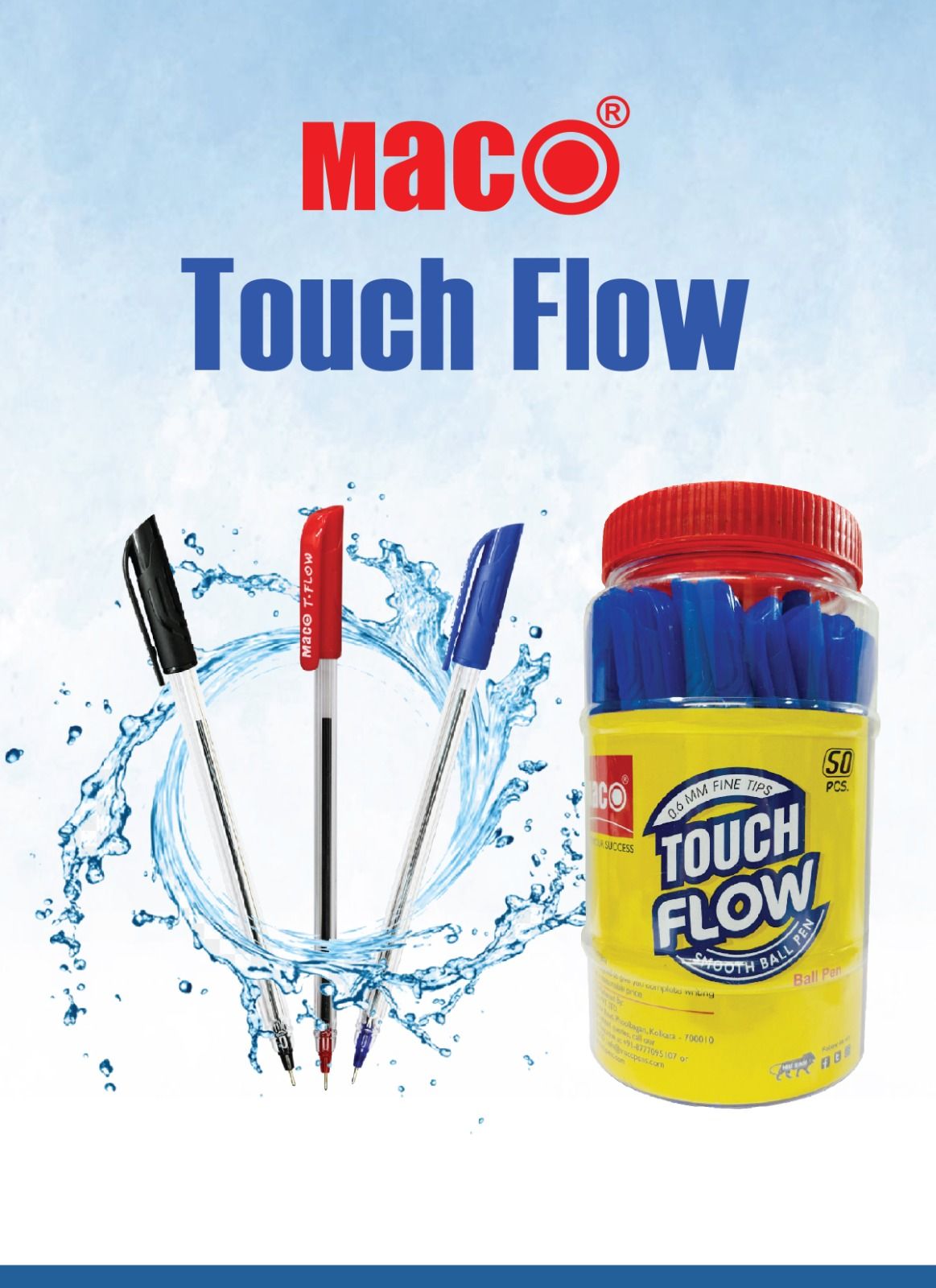 Maco Touch Flow Ballpoint Pens Jar of 50| Hexagonal Shape for better Grip and smooth writing| Transparent Barrel With Ergonomic grip| Pack of 50 Ink-Blue