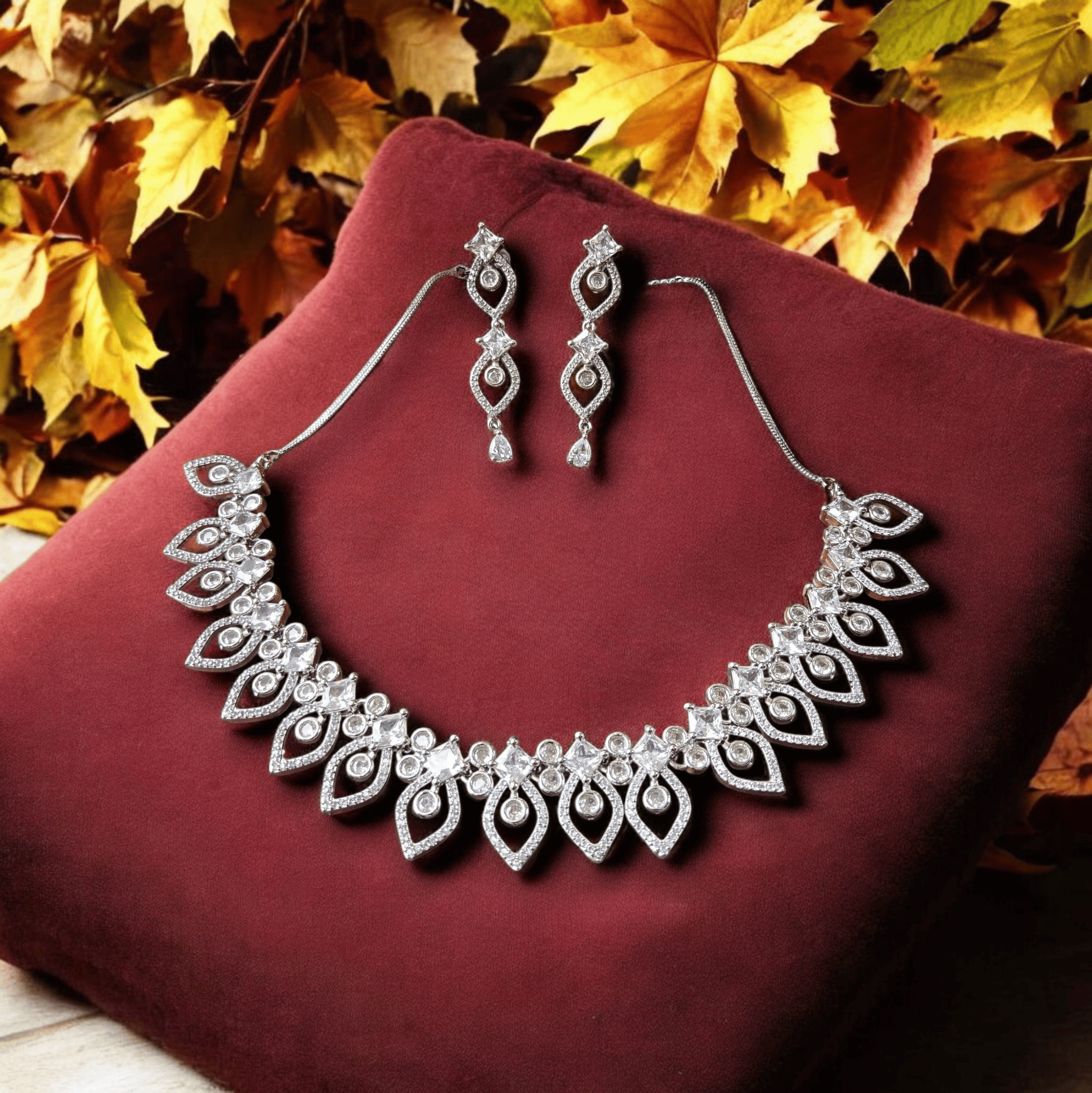 ELLNORA'S Stunning American Diamond Necklace Set with Earrings for Women