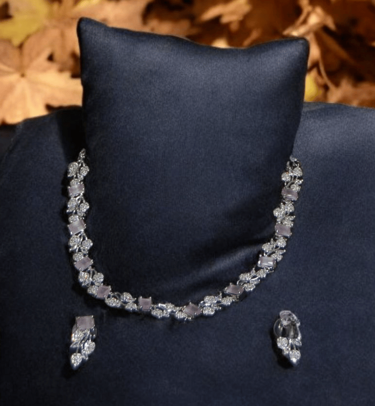 ELLNORS Stunning Silver and Pink Rhinestone Necklace and Earring Set