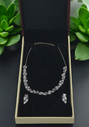 ELLNORS Stunning Silver and Pink Rhinestone Necklace and Earring Set
