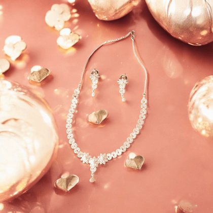 ELLNORA'S "Stunning American Diamond Necklace Set in Gold Plating with Floral Motif for Women"