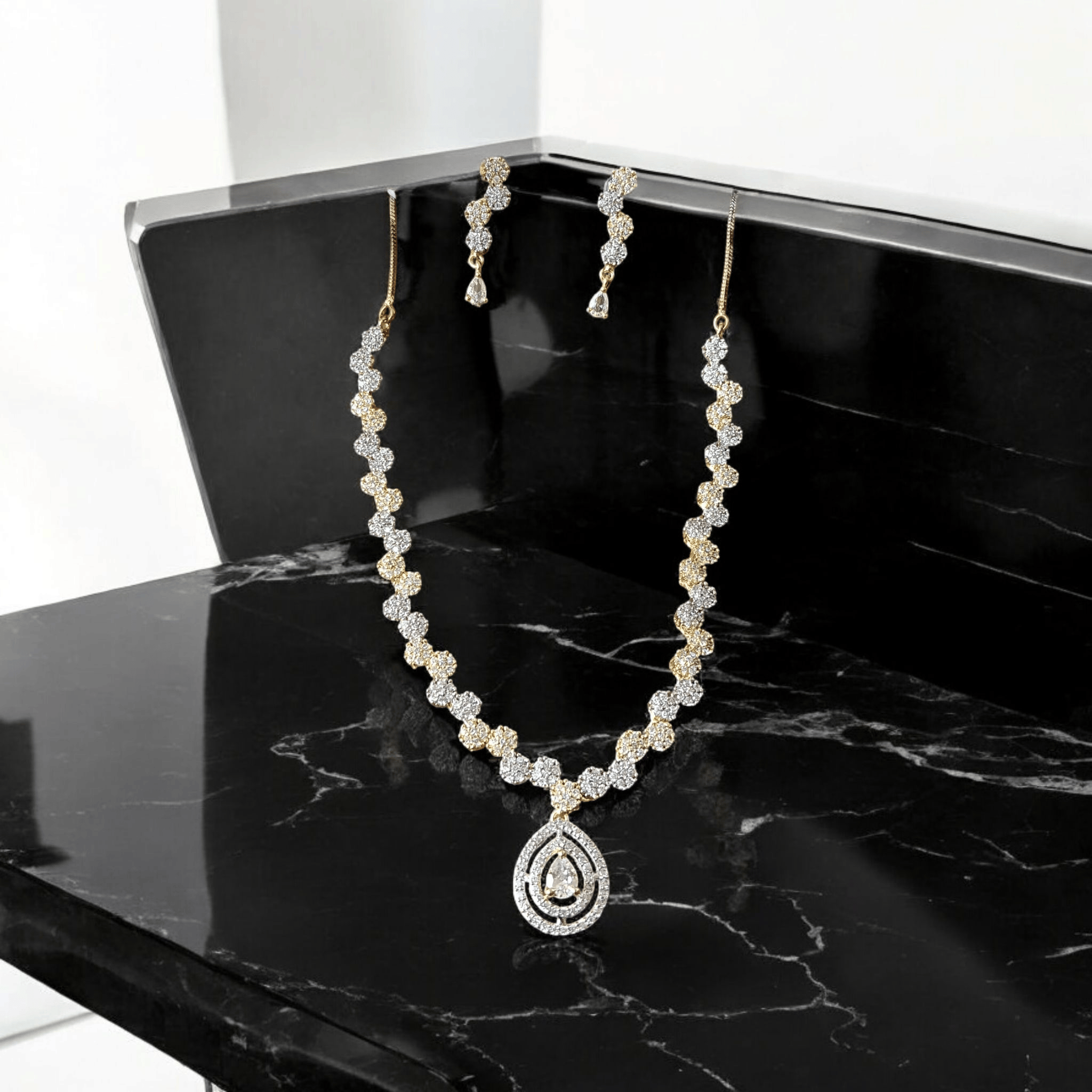 ELLNORA Gold Plated Kundan and American Diamond Necklace Set with Earrings for Women