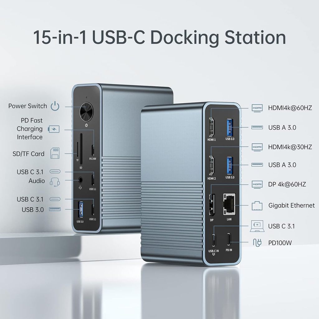 ACASIS USB C 15-in-1 Docking Station Triple Display Monitor, 100W PD, Dual 4KHDMI, DP 4K60Hz, 2*USB 3.1, 3*USB 3.0, LAN, SD/TF, Audio, for Mac/Windows
