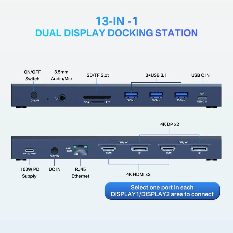 ACASIS Displaylink Docking Station Dual Monitor for MacBook M1/M2/M3/Windows,2*DisplayPort, 2*HDMI, 100W PD Charge, SD/TF, Ethernet,Audio, 3*USB 3.1