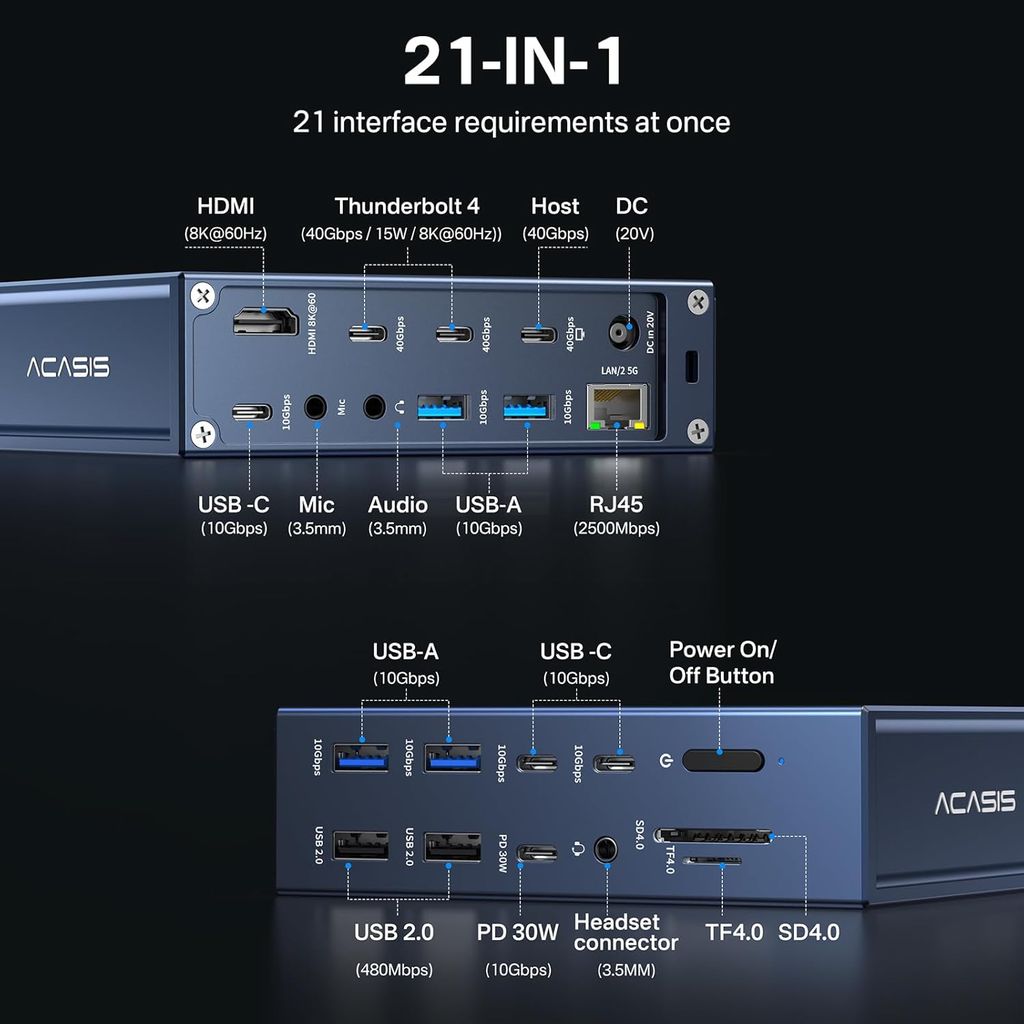 ACASIS Thunderbolt 4 Dock-21 Ports, Dual Monitor, 8K60Hz HDMI, 2.5 GbE, SD/TF4.0,10Gbps USB C/A 3.2 Gen2, 3.5mm, 40Gbps Dock for Mac M1/M2/M3 Pro/Max