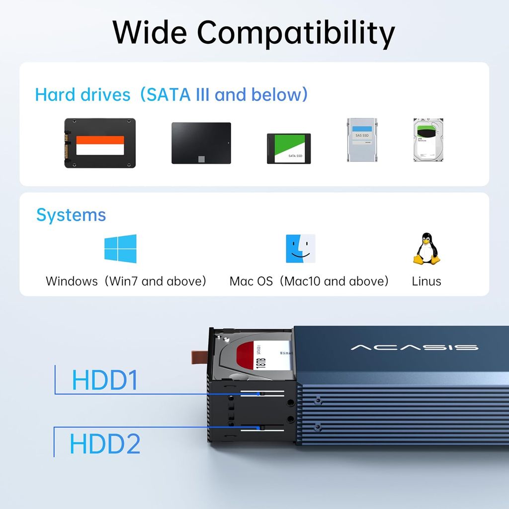 ACASIS External Dual-Drive RAID Enclosure with Cooling Fan for 2.5/3.5″ SATA HDD/SSD, USB A/C 3.0, Support RAID 0/1/JBOD/SPAN, 6Gbps with UASP, 36TB