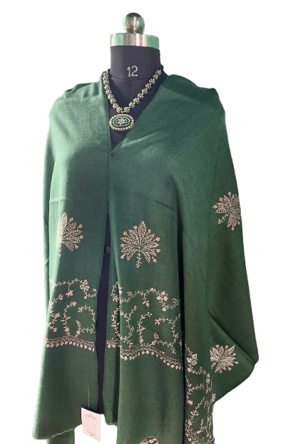 Green Wool Stole with Kashmiri Embroidery