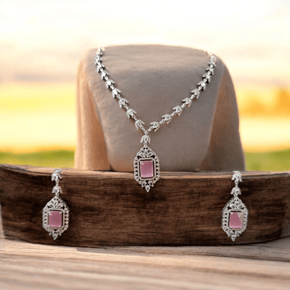 ELLNORA'S Stunning Silver Diamond Cut Necklace Set with Pink Gemstones