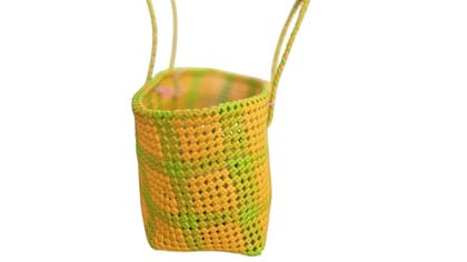  Small Handwoven Market Tote Bag with Bright Green and Yellow Checkered Pattern