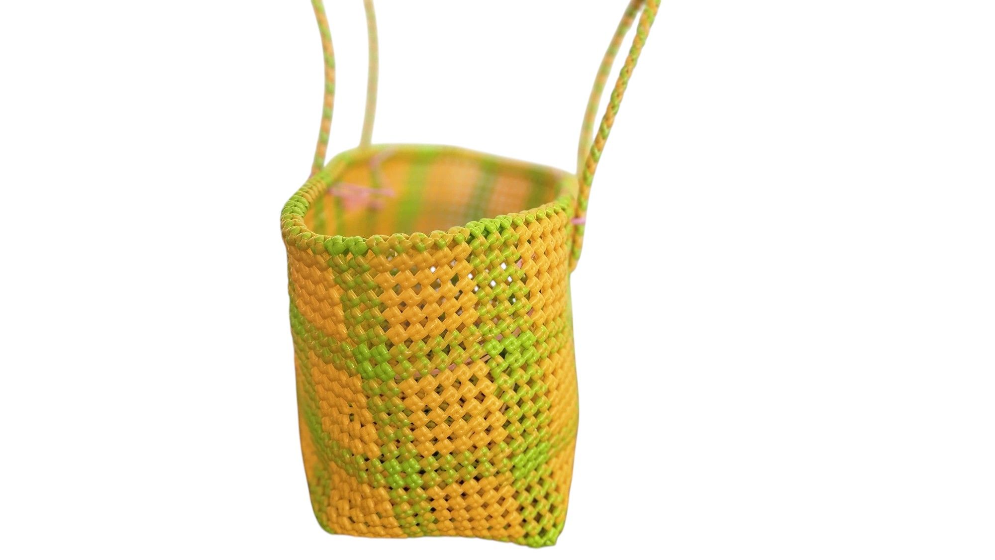  Small Handwoven Market Tote Bag with Bright Green and Yellow Checkered Pattern