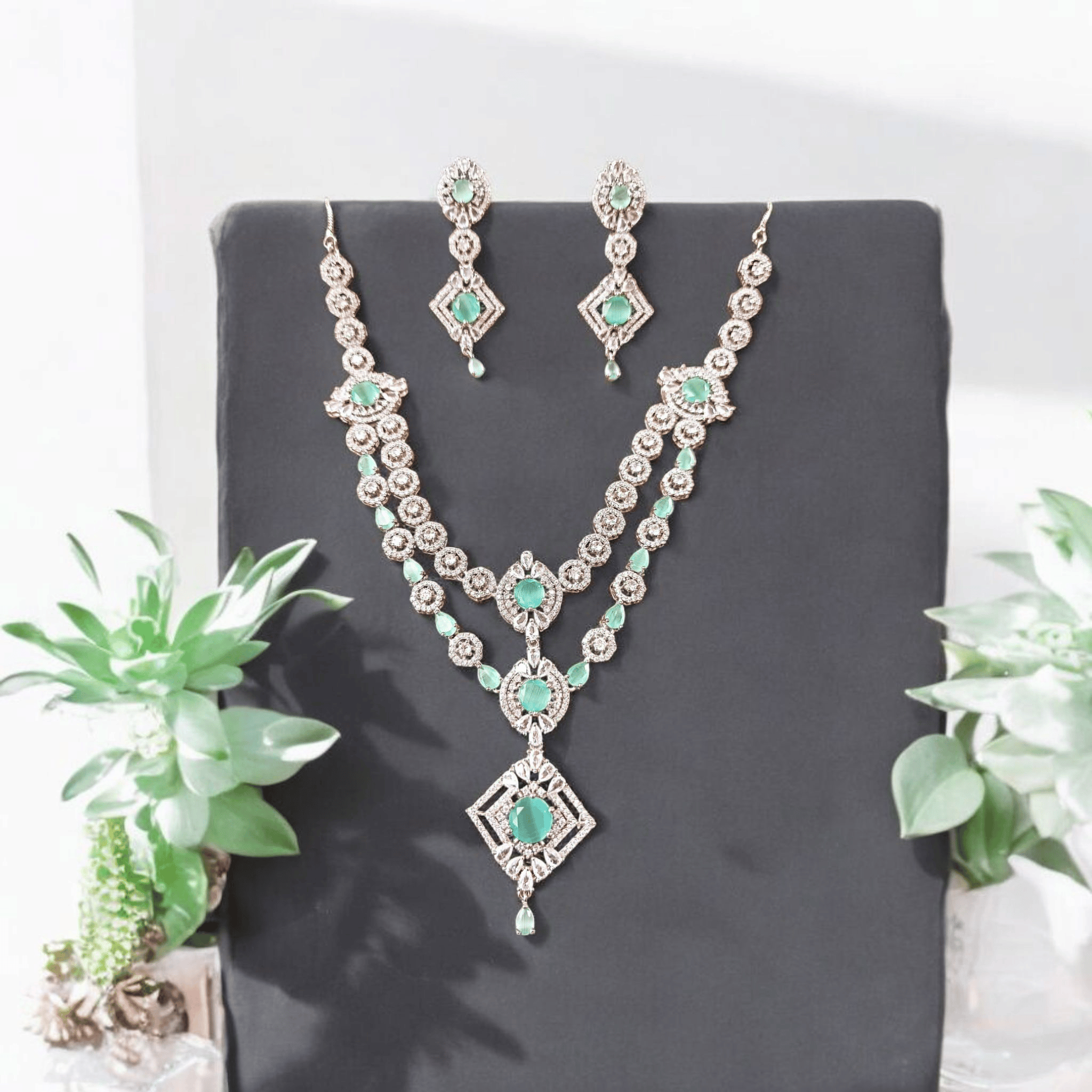 ELLNORA'S "Stunning Emerald and Diamond Necklace Set " with beautiful sparkling green stone