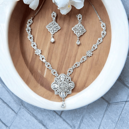 ELLNORA'S2American Diamond Bridal Necklace Set with Earrings in Silver Finish