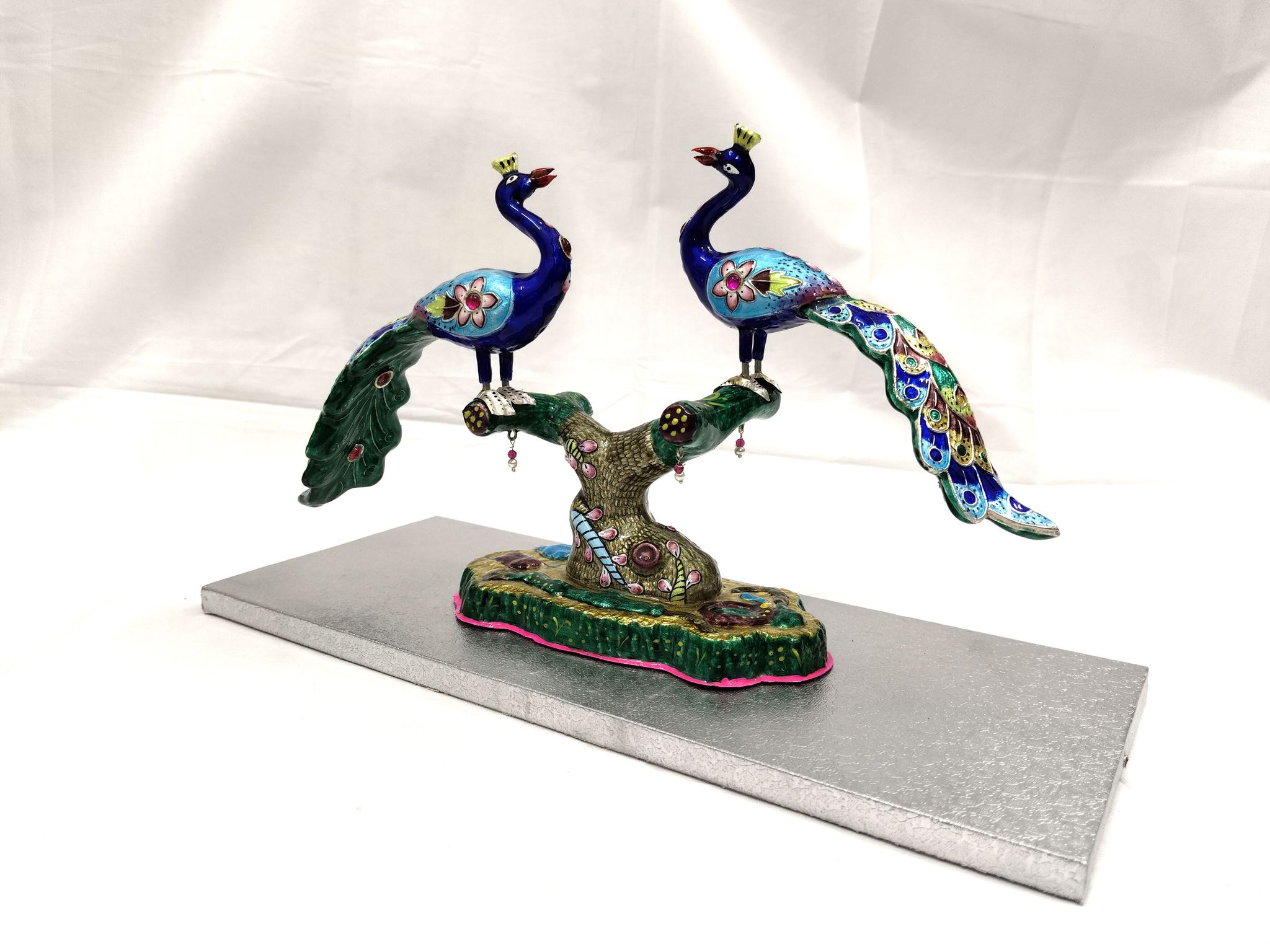Silver Meenakari Enameled Peacock couple Showpiece for Home Decor