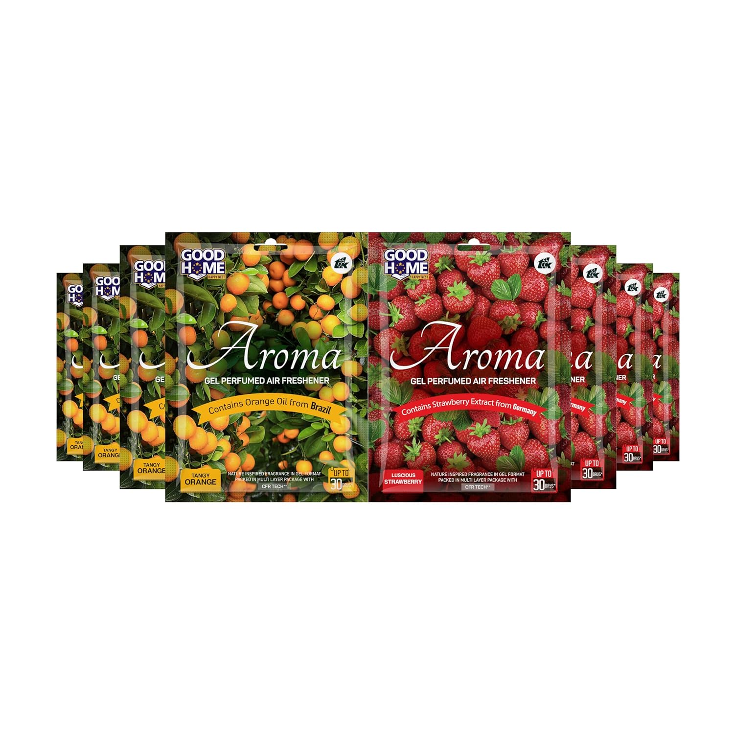 Good Home Aroma Gel Air Freshener, 4+4 Pack, Tangy Orange and Luscious Strawberry, Contains Orange Oil from Brazil and Strawberry Extract from Germany, Nature Inspired Fragrance in Gel Format, Packed in Multi Layer Package with CFR Tech, Up to 30 Days