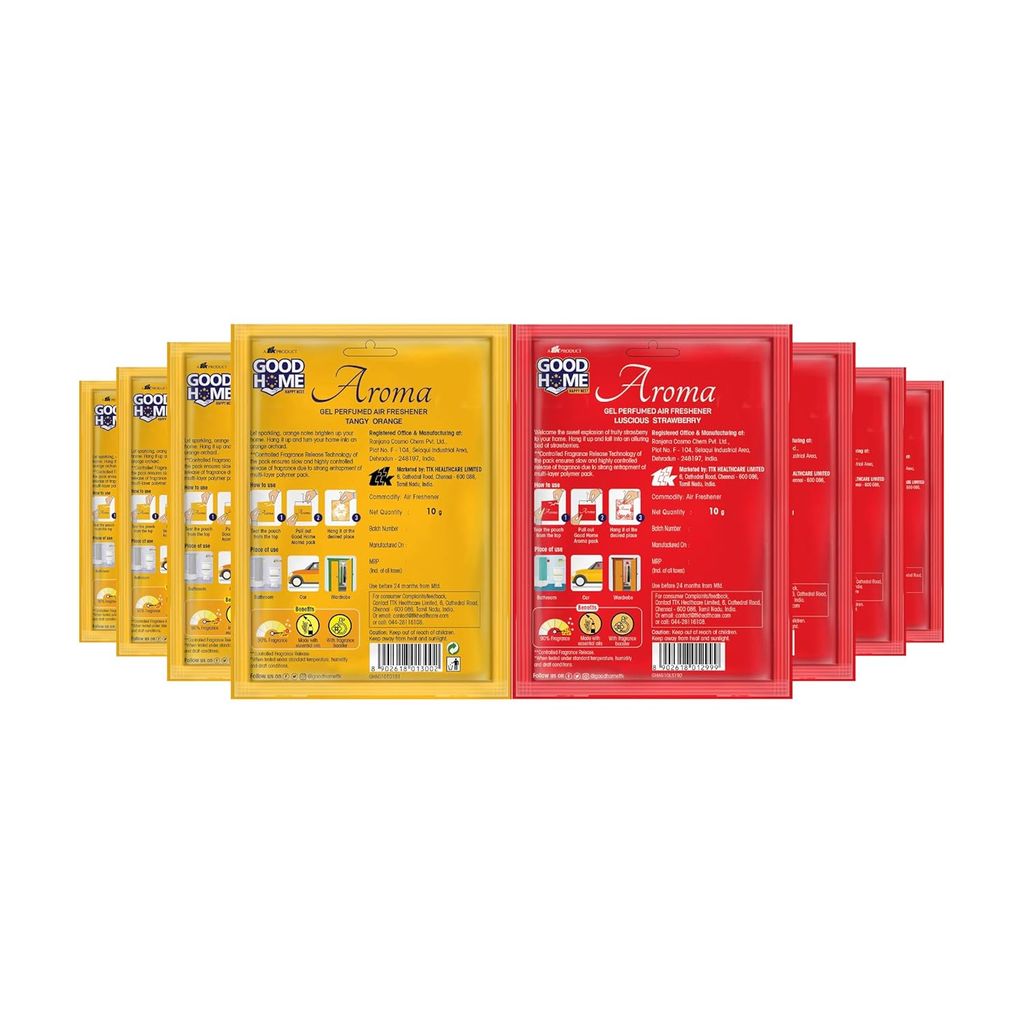 Good Home Aroma Gel Air Freshener, 4+4 Pack, Tangy Orange and Luscious Strawberry, Contains Orange Oil from Brazil and Strawberry Extract from Germany, Nature Inspired Fragrance in Gel Format, Packed in Multi Layer Package with CFR Tech, Up to 30 Days